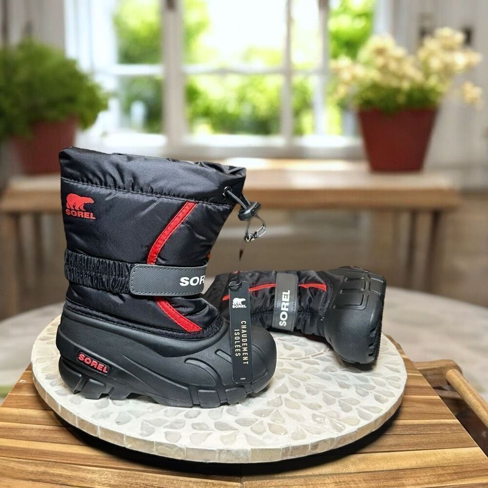 Sorel Kids Flurry Insulated Winter Snow Boots Black Red Size 10 US (27 EU) Water
